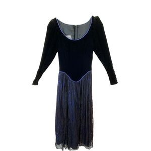 Jessica McClintock Dress Womens Black Blue Velvet Lace Midi Size 4 Vintage 80s